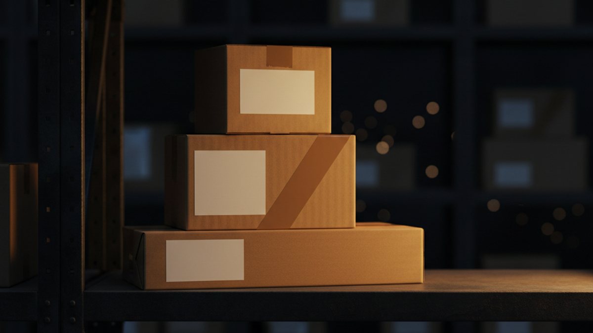 Stacked plain cardboard shipping boxes with blank white labels on a dark warehouse shelf under warm amber light.